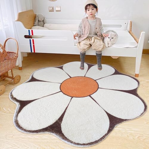 Poowe Weißer Teppich in Blumenform, niedlicher runder Teppich für Schlafzimmer, Wohnzimmer, flauschiger runder Teppich, waschbar, Kinderzimmer, rutschfeste Bodenmatte für den Eingangsbereich, 80 cm, von Poowe