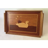 Vintage Holz Inlay Gans Wasservögel Serviertablett von PopUpModern