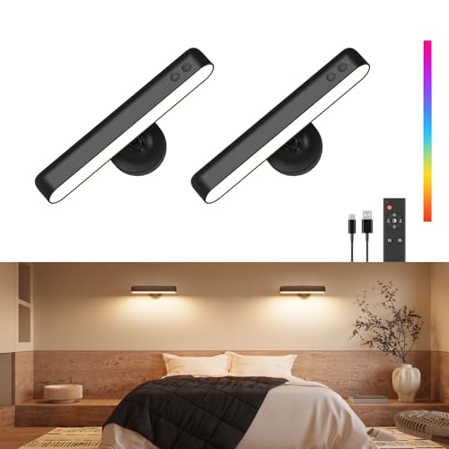 PopoIron Akku Wandleuchten 7500mAh, Wiederaufladbare LED-Wandleuchten für Schlafzimmer mit Touch- und Fernbedienung, 3 Farben, Kabellose Wandlampe, 360° Drehbar, Dimmbare mit 15 RGB-Farben von PopoIron