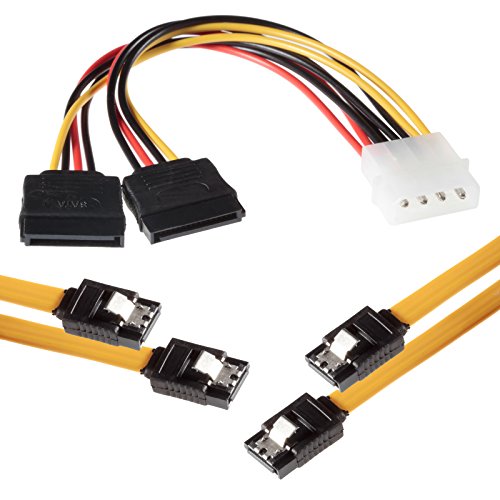 POPPSTAR 2x50cm Sata 3 Datenkabel in gelb (Sata Kabel - Stecker gerade), inkl. 20cm 4-pin Stromadapter auf 2x 15-pin von POPPSTAR