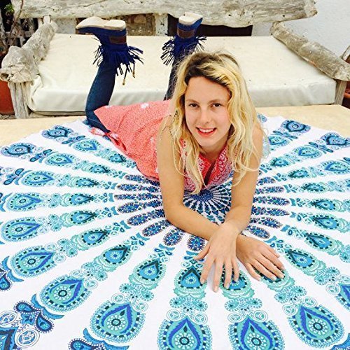 Popular Handicrafts Wandbehang Mandala-Wandbehang Queen Hippie psychedelischer indischer Stil Magisches Stiefmütterchen Baumwolle Teal and Blue on White 70 Zoll Roundie von Popular Handicrafts