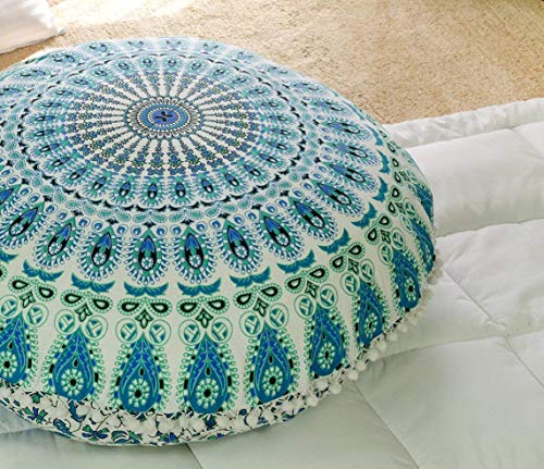 Popular Handicrafts Bodenkissen Kissenbezug – Hippie Mandala Kissenbezug groß mit Pom Poms weiche Partikel – Pouf Cover rund Bohemian Yoga Dekor, 81,3 cm Weiß Blaugrün von Popular Handicrafts