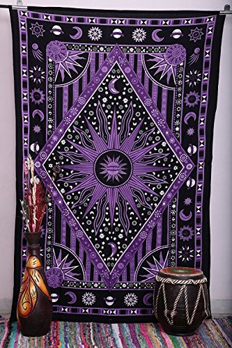 Popular Handicrafts Wandbehang für Schlafzimmer, Hippie, brennende Sonne und Mond, Mandala, Boho, Hippie, aufwendige indische Wandteppiche, Tagesdecke, 140 x 210 cm, Violett von Popular Handicrafts