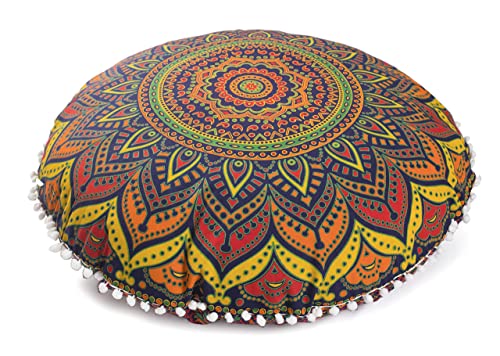 Großer runder Mandala-Hippie-Kissenbezug – Hippie-Kissenbezug – Ombre-Pouf-Kissenbezüge – Meditationssitzung Ottomane Überwurf dekorativer Bohemian-Pom-Bodenkissenbezug – 81,3 cm blau von Popular Handicrafts