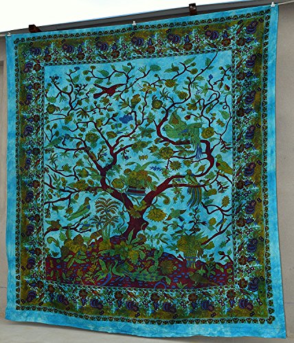 Hippie Kaleidoscopic Tree Of Life Filigrane Blumenmuster indische Bedspread Tapestry 84x90 Zoll, (215cmsx230cms) Türkis von Popular Handicrafts