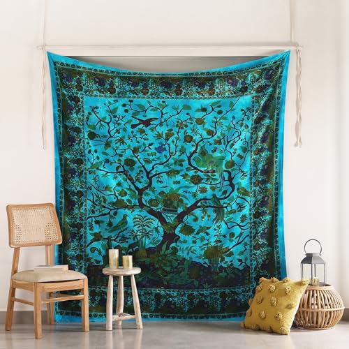 Hippie Kaleidoscopic Tree Of Life Filigrane Blumenmuster indische Bedspread Tapestry 84x90 Zoll, (215cmsx230cms) Türkis von Popular Handicrafts