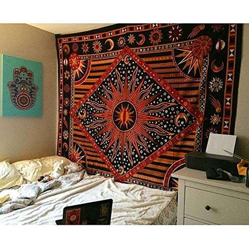 Hippie Mandala Sonne und Mond Maditation Poster Tapisserie Wandbehang – indische goldene brennende Sonne, Sterne, psychedelische beliebte mystische Stranddecke, 137 x 152 cm von Popular Handicrafts