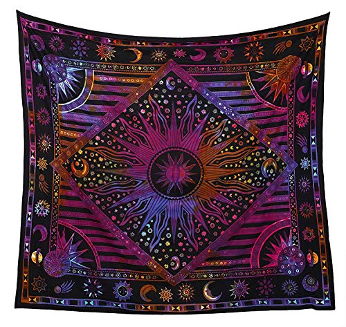 Popular Handicrafts Wandteppich, Wandbehang, Hippie, brennende Sonne und Mond, Meditation, Bohemian, psychedelisches Design, indische Wandteppiche, Tagesdecke, 215x230 cm, mehrfarbig, Batikfärbung von Popular Handicrafts