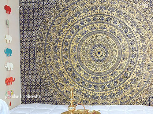 Popular Handicrafts Kp774 Elefant-Wandteppich, Wandbehang, Hippie-Mandala-Wandkunst, Metallischer Glanz, 215 x 230 cm, Gold auf Blau Popular Handicrafts Kp774 Elefant-Wandteppich, Wandbehang, Hippie-Mandala-Wandkunst, Metallischer Glanz, 215 x 230 cm, Gold auf Blau von Popular Handicrafts