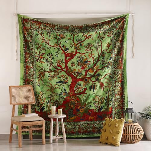 Popular Handicrafts Wandteppich, Wandbehang, Hippie, böhmischer Lebensbaum, Hippie, psychedelisches Design, indische Wandteppiche, Tagesdecke, 205 x 224 cm, Grün von Popular Handicrafts