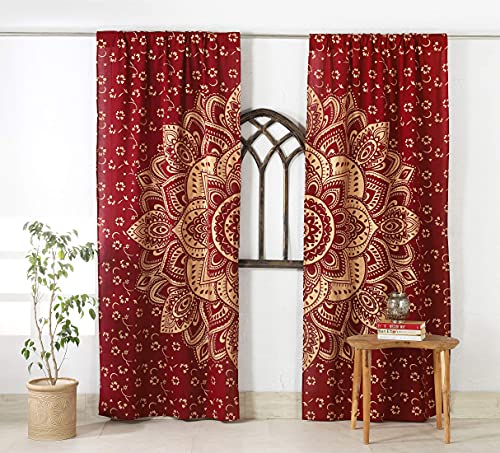 Popular Handicrafts Bedruckte Vorhänge, Set mit 2 indischen Hippie-Vorhängen, Bohemian-Stil, schöne Ombre-Farbe, Mandala-Vorhang, Kastanienbraun, Gold, 107 x 254 cm von Popular Handicrafts