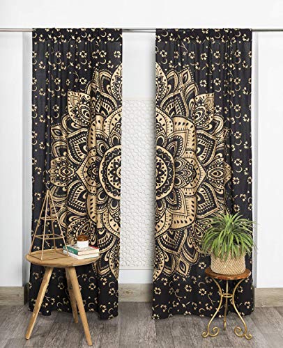 Popular Handicrafts Bedruckte Vorhänge, Set mit 2 indischen Hippie-Vorhängen, Bohemian-Stil, schöne Ombré-Farben, Mandala-Vorhangpaneele, Schwarz/Gold, 107 x 254 cm von Popular Handicrafts