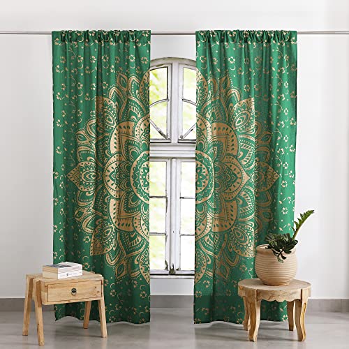 Popular Handicrafts Bedruckte Vorhänge für Wohnzimmer, Indische Hippie-Boho-Vorhänge mit schönem Mandala-Ombre-Farbverlauf für Schlafzimmer, Grün-Gold, 63,5 x 188,0 cm, 2er-Set von Popular Handicrafts
