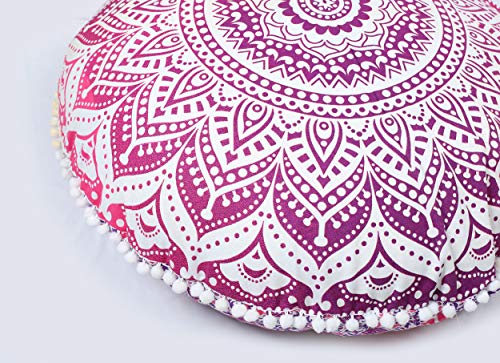 Popular Handicrafts Bodenkissen – Hippie-Mandala-Kissen groß mit Pompons weichen Partikeln – Pouf-Bezug rund böhmische Yoga-Dekoration, 81,3 cm, Rosa/Lila von Popular Handicrafts