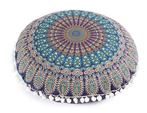 Popular Handicrafts Bodenkissenbezug – Hippie-Mandala-Kissenbezug groß mit Pompons, weiche Partikel – Pouf-Bezug, rund, böhmisch, Yoga-Dekor, 45,7 cm, Blau / Türkis von Popular Handicrafts