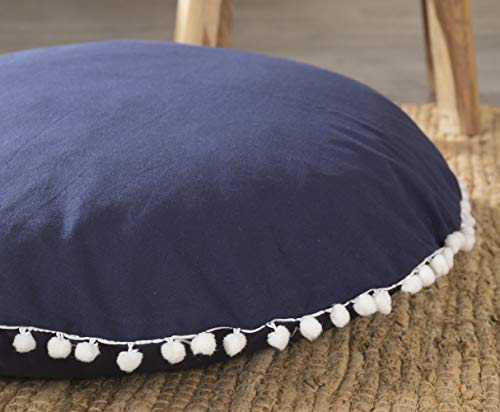 Popular Handicrafts Großer Baumwoll-Kissenbezug im Hippie-Stil, dekorativer Kissenbezug mit Bommeln und weichen Partikeln – Sitzhocker, rund, Bohemian-Yoga-Dekoration, 81.3 cm, neaviges Blau von Popular Handicrafts