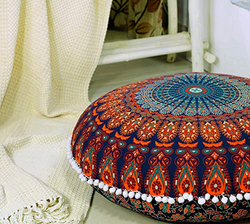 Popular Handicrafts Großer Hippie-Mandala-Bodenkissenbezug – Kissenbezug – Pouf-Bezug rund Bohemian Yoga Decor Bodenkissenhülle – 55,9 cm blau mehrfarbig von Popular Handicrafts