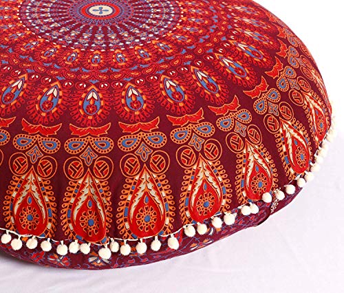 Popular Handicrafts Bodenkissenbezug – Hippie-Mandala-Kissenbezug groß mit Pompons, weiche Partikel – Pouf-Bezug, rund, böhmisch, Yoga-Dekor, 81,3 cm, Kastanienbraun von Popular Handicrafts