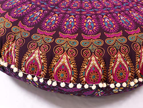 Popular Handicrafts Bodenkissenbezug, Hippie-Mandala-Kissenbezug groß mit Pompons weichen Partikeln, Pouf Bezug rund böhmisches Yoga-Dekor, 81 cm, Magenta von Popular Handicrafts