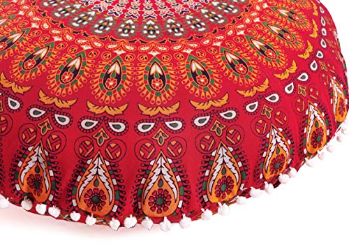 Popular Handicrafts Bodenkissen Kissenbezug - Hippie Mandala Kissenbezug groß mit Pom Poms weichen Partikeln - Pouf Cover Rund Bohemian Yoga Dekor, 81,3 cm Rot von Popular Handicrafts