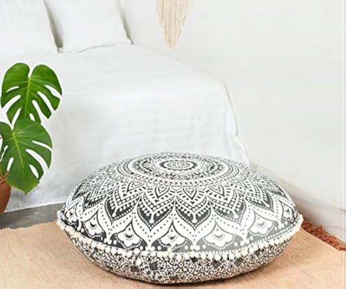 Popular Handicrafts Großer Hippie-Mandala-Ombre-Kissenbezug – Kissenbezug – Pouf-Abdeckung rund Bohemian Yoga Decor Bodenkissen Fall – 81,3 cm schwarz grau von Popular Handicrafts