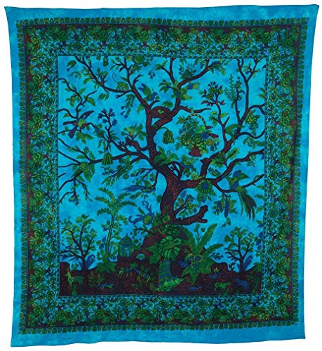 Popular Handicrafts Hippie Kaleidoskopischer Baum des Lebens, aufwendiges Blumen-Design, indische Tagesdecke, Wandteppich, 215 x 230 cm, Türkis von Popular Handicrafts