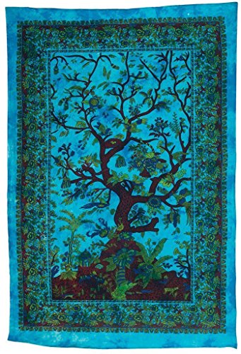 Popular Handicrafts Hippie Kaleidoskopischer Baum des Lebens, aufwendiges Blumendesign, indisches Tagesdecke, Wandteppich, 140 x 215 cm, Türkis von Popular Handicrafts