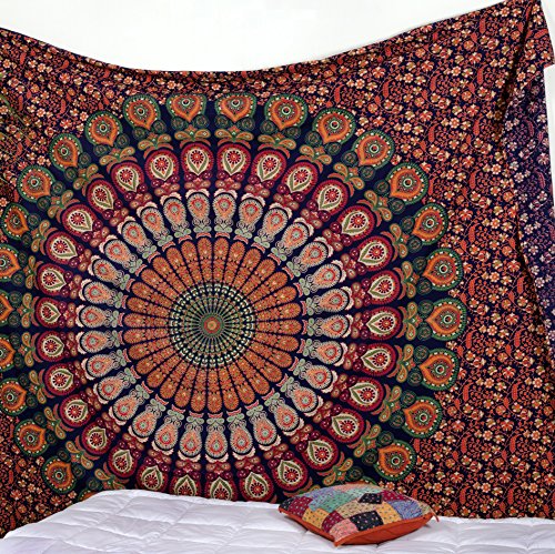 Popular Handicrafts Wandteppich, Wandbehang, Hippie-Mandala, Bohemian, Hippie, aufwendige indische Wandteppiche, Tagesdecke, 215 x 230 cm, Blau/Orange von Popular Handicrafts