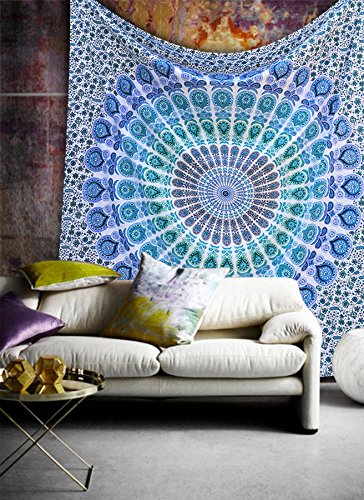 Popular Handicrafts Mandala Wandteppich Hippie Psychedelisch Hippie Tapisserie Wandteppich Indischer Stil 215 x 230 cm (blau) von Popular Handicrafts