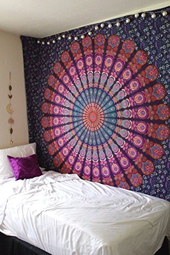 Popular Handicrafts Wandteppich, Hippie-Mandala, Bohemian, Hippie, psychedelisches Design, indische Wandteppiche, Tagesdecke, 215 x 230 cm, Rot / Gelb von Popular Handicrafts