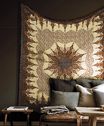 Popular Handicrafts Tapisserie, Wandbehang, Hippie, Mandala, Bohemian, Hippie, aufwendig, geometrisches Blumenmuster, indischer Wandteppich, Tagesdecke, 215 x 230 cm, Braun/Schwarz von Popular Handicrafts