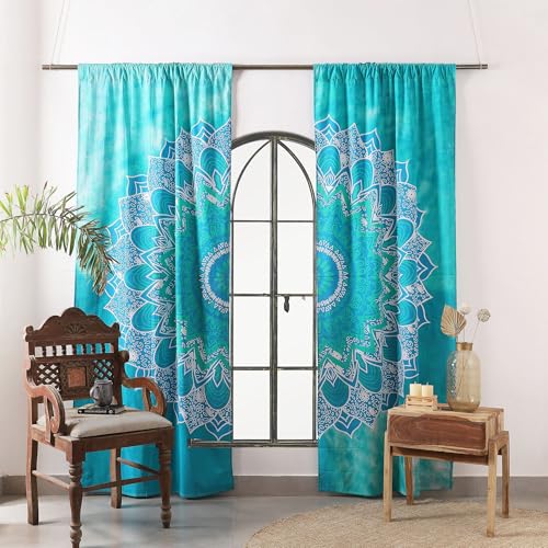 Popular Handicrafts Hippie-Mandala-Ombre-Vorhänge, für Wohnzimmer oder Schlafzimmer, lichtdurchlässige, halbtransparente Boho-Landhausgardinen, 193,0 x 210,8 cm (B x L), Türkis, 2er-Set von Popular Handicrafts