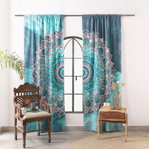 Popular Handicrafts Hippie-Mandala-Ombre-Vorhänge, für Wohnzimmer oder Schlafzimmer, lichtdurchlässige, halbtransparente Boho-Landhausgardinen, 193,0 x 210,8 cm (B x L), Türkis, 2er-Set von Popular Handicrafts