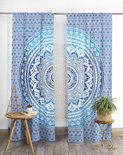 Popular Handicrafts Indischer Hippie-Vorhang, Bohemian-Stil, Ombre, Mandala, Blau von Popular Handicrafts