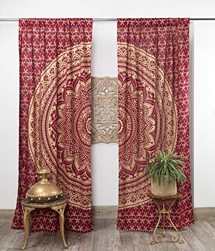 Popular Handicrafts Indischer Hippie-Vorhang im Bohemian-Stil, schöner Ombré-Mandala-Vorhang, kastanienbraun, goldfarben von Popular Handicrafts