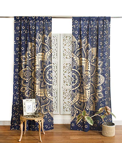 Popular Handicrafts Mandala-Vorhang, indischer Hippie-Stil, Bohemian-Stil, Ombré-Stil, Blau / Gold von Popular Handicrafts
