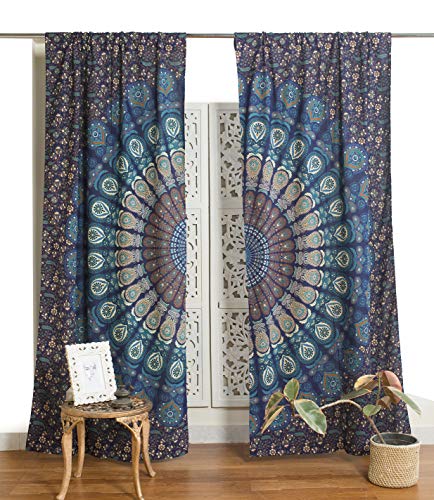 Popular Handicrafts Bedruckte Vorhänge, indischer Hippie-, Bohemian-Stil, schöner Pfauen-Mandala-Vorhang, Paneele, Blaue Tar- von Popular Handicrafts