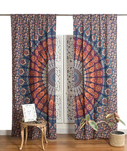Popular Handicrafts Indischer Hippie-Vorhang, Bohemian-Stil, Pfauen-Mandala, Blau von Popular Handicrafts