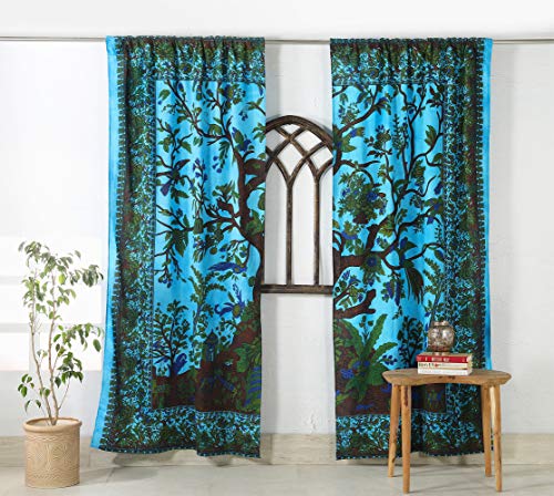 Popular Handicrafts Indischer Hippie Bohemian Schöner Baum des Lebens Tie Dye Mandala Vorhang Paneele Tarqouise von Popular Handicrafts