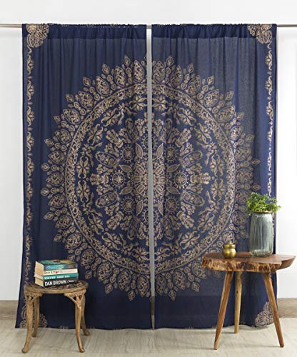 Popular Handicrafts Indischer Hippie-Mandala-Vorhang, Bohemian-Stil, Blau / Gold, Fenstervorhang, Schlafzimmer, Wohnzimmer, Balkon, Volant, Paneele von Popular Handicrafts