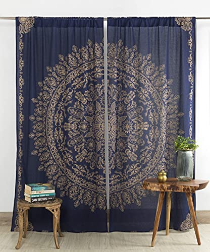 Popular Handicrafts Indischer Hippie-Mandala-Vorhang, Bohemian-Stil, Blau / Gold, für Fenster, Tür, Schlafzimmer, Wohnzimmer, Balkon, Volant, Paneele von Popular Handicrafts