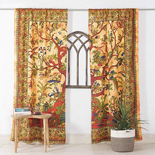 Popular Handicrafts Indischer Hippie-Vorhang, Bohemian-Stil, Baum des Lebens, Batik-Mandala, Grün von Popular Handicrafts