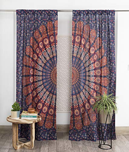 Popular Handicrafts Indischer Hippie-Vorhang, Bohemian-Stil, Pfauen-Mandala, Blau, mehrfarbig von Popular Handicrafts