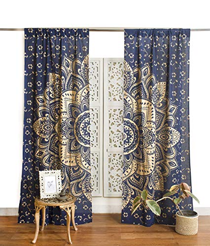 Popular Handicrafts Mandala-Vorhang im indischen Hippie-Stil, Bohemian-Stil, Ombré-Stil, Blau / Gold von Popular Handicrafts