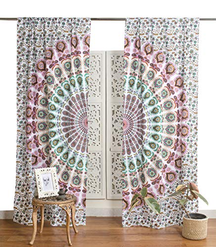 Popular Handicrafts Vorhang, indischer Hippie-Stil, Bohemian-Stil, Pfauen-Mandala, Weiß, mehrfarbig von Popular Handicrafts