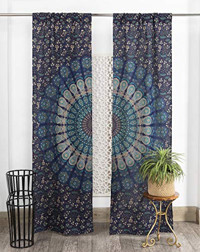 Popular Handicrafts Indischer Hippie-Vorhang, Bohemian-Stil, wunderschöner Elefant, Mandala, Paneele, blaues Tarquiose von Popular Handicrafts