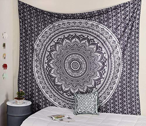 Popular Handicrafts - Indischer Mandala-Wandteppich mit Farbverlauf, Wandkunst, Bohemian-Bettdecke, metallischer Glanz von Popular Handicrafts
