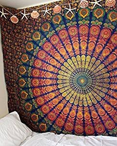 Popular Handicrafts Kp713 Hippie Mandala Bohemian Psychedelic Intricate Floral Design Indische Tagesdecke Magical Thinking Tapisserie 84x90 Zoll (215x230cm) Blau und Gelb von Popular Handicrafts