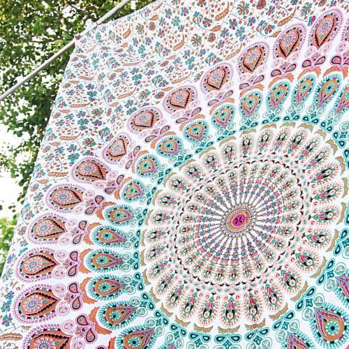 Popular Handicrafts Mandala-Wandbehang, Blumenmuster, Queen Hippie psychedelisch, indischer Stil, magisches Denken, Baumwolle, Weiß/Mehrfarbig, Twin (215 x 140 cm) cm von Popular Handicrafts