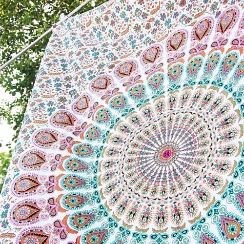 Popular Handicrafts Wandteppich Hippie Mandala Bohemian Hippie Psychedelic Design Indischer Pfau Meditation Tapisserie Tagesdecke 76 x 101 cm Blau von Popular Handicrafts